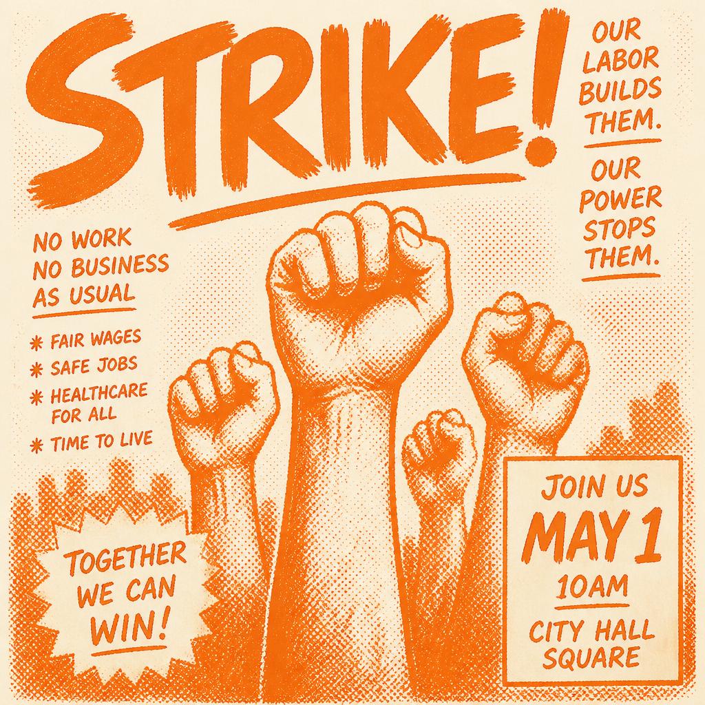 Riso-printed strike manifesto poster with raised fists