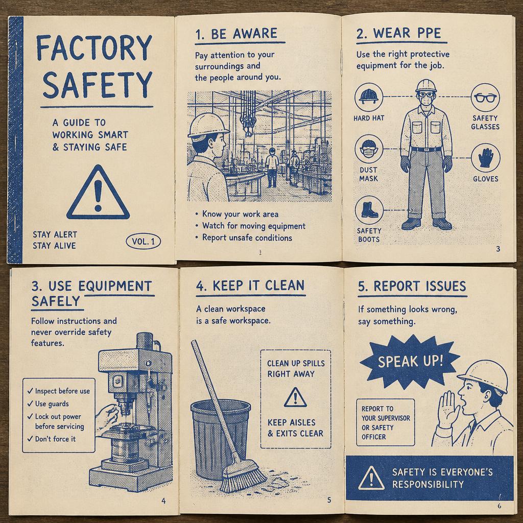 Riso-printed factory safety booklet spread
